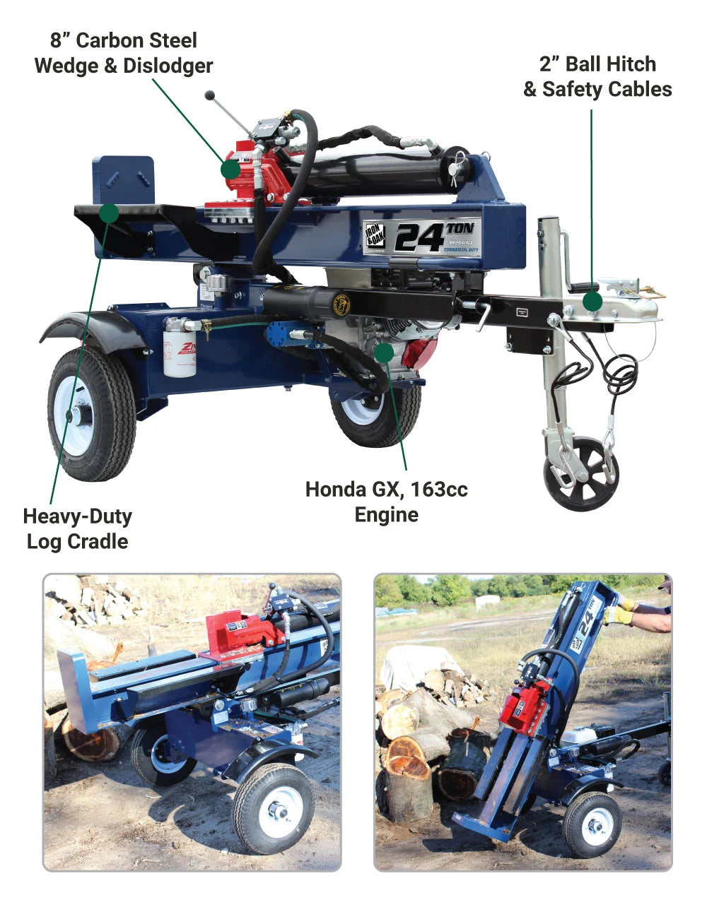24-ton tow-behind log splitter rental on its towing hitch